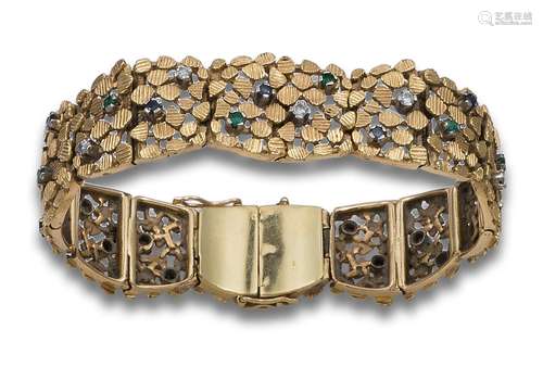 GOLD BRACELET SPLASHED WITH DIAMONDS, SAPPHIRES AND EMERALDS