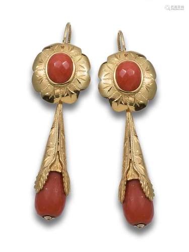 LONG CORAL AND YELLOW GOLD EARRINGS
