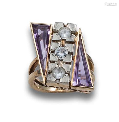 RING, 70`S, GOLD, ZIRCONIA AND SYNTHETIC AMETHYST