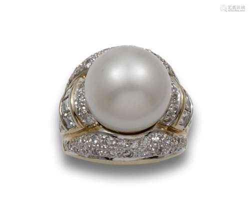 LARGE AUSTRALIAN PEARL, DIAMONDS AND GOLD RING