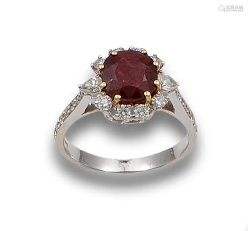 2.56 CT. NATURAL BURMA RUBY ROSETTE RING, DIAMONDS AND WHITE...
