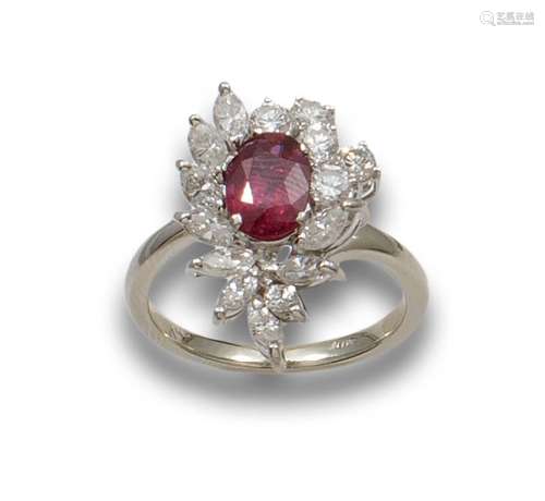 RUBY AND DIAMONDS SHUTTLE RING, IN WHITE GOLD