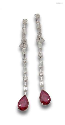 LONG DIAMONDS AND RUBIES EARRINGS, IN WHITE GOLD