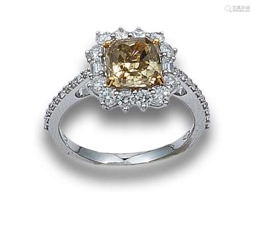 FANCY BROWN YELLOW DIAMOND ROSETTE RING OF 2.20 CT, AND COLO...