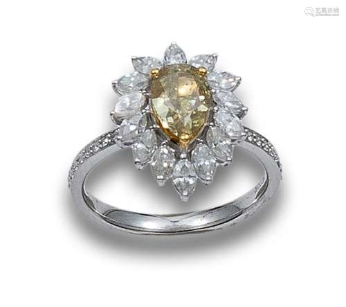 FANCY DIAMOND FLOWER RING OF 1.50 CT. AND COLORLESS DIAMONDS...