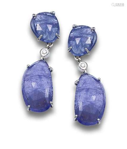 LONG EARRINGS OF TANZANITES, DIAMONDS AND WHITE GOLD
