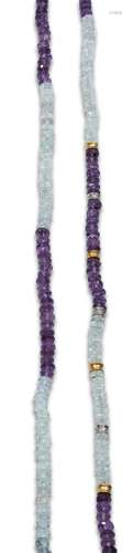 AMETHYST AND AQUAMARINE NECKLACE WITH YELLOW GOLD AND WHITE ...