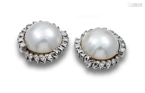 EARRINGS, 70`S, MABÉ PEARLS, DIAMONDS AND WHITE GOLD