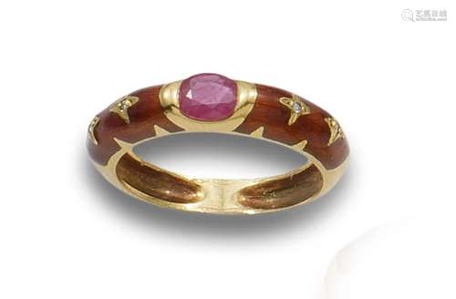 WEDDING RING IN YELLOW GOLD WITH CENTRAL RUBY, DIAMONDS AND ...