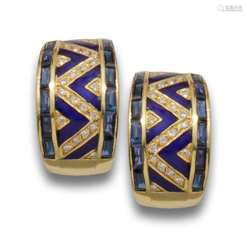 YELLOW GOLD EARRINGS WITH ZIG ZAG DIAMONDS AND BLUE ENAMEL F...