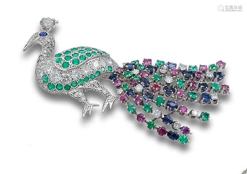 PEACOCK BROOCH WITH DIAMONDS, EMERALDS, SAPPHIRES AND RUBIES...