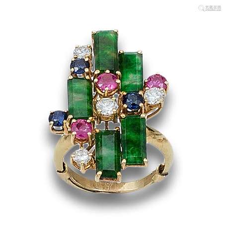 RING, 70`S, SIMILE OF EMERALDS, RUBIES, SAPPHIRES AND DIAMON...