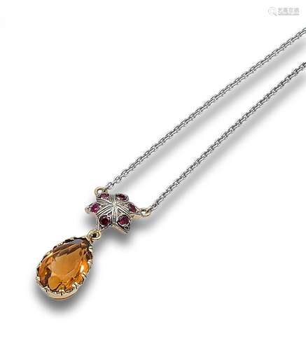 CHAIN ​​AND PENDANT, ANTIQUE STYLE, TOPAZ, SYNTHETIC RUBIES