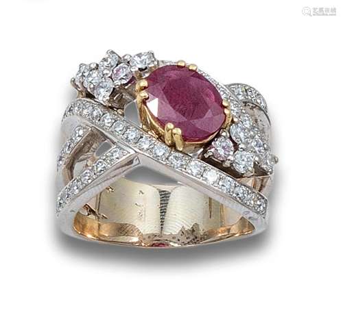 LARGE RUBY, DIAMONDS AND TWO-TONE GOLD RING