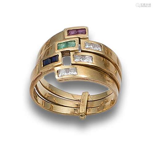 RING, 80`S, YELLOW GOLD, ZIRCONIA AND COLORED STONES