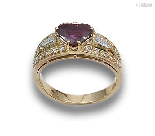 RUBY HEART AND DIAMONDS RING, IN YELLOW GOLD