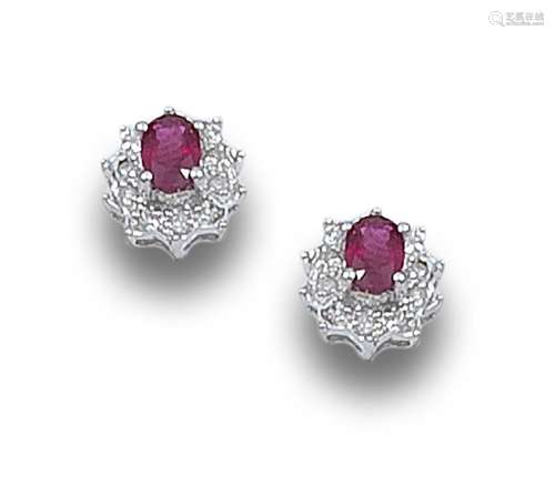 RUBY, DIAMONDS AND WHITE GOLD ROSETTE EARRINGS