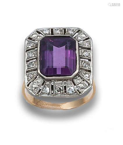 RING, 1930s, DIAMONDS, SYNTHETIC AMETHYST, GOLD AND PLATINUM