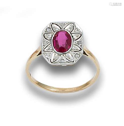 ANTIQUE RING WITH DIAMONDS AND SYNTHETIC RUBY, IN YELLOW GOL...