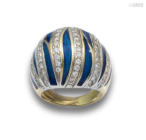 BOMBÉ RING WITH ZIRCONIA AND BLUE ENAMEL, IN YELLOW GOLD