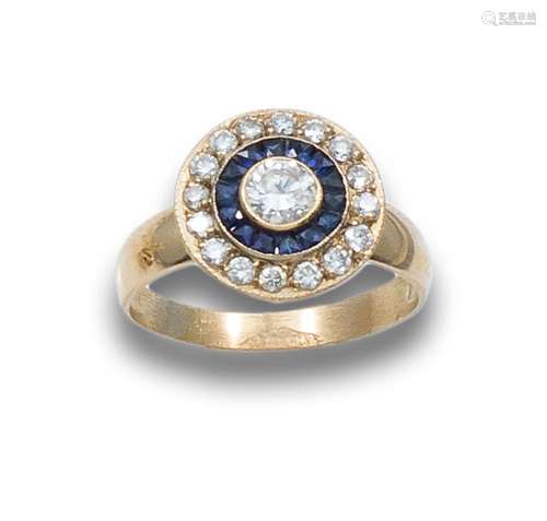 GOLD, DIAMONDS AND SAPPHIRES PARTRIDGE`S EYE RING