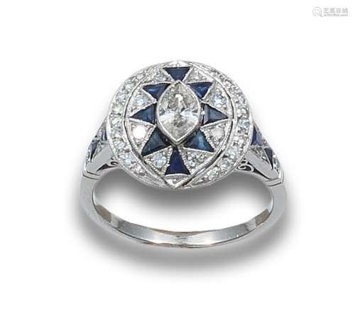 RING, ART DECO STYLE, DIAMONDS, SAPPHIRES AND PLATINUM