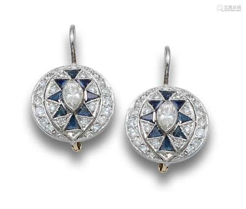 DANGLE EARRINGS, ART DECO STYLE OF DIAMONDS, SAPPHIRES AND P...