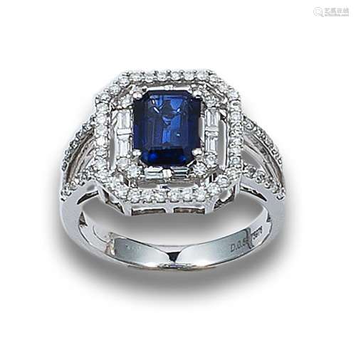 RING, ART DECO STYLE, DIAMONDS, SAPPHIRE AND WHITE GOLD