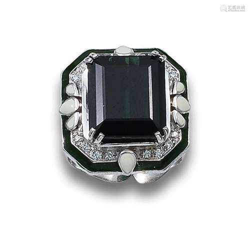 GREEN TOURMALINE, DIAMONDS, ENAMEL AND GOLD OCTAGONAL RING