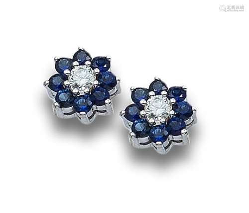 DIAMONDS, SAPPHIRES AND WHITE GOLD FLOWER EARRINGS