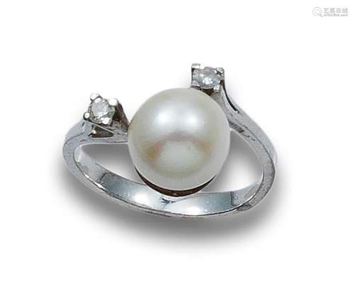 RING, 60`S, GOLD, PEARL AND DIAMONDS