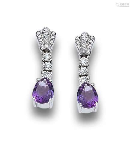 DIAMONDS, AMETHYST AND WHITE GOLD DANGLE EARRINGS