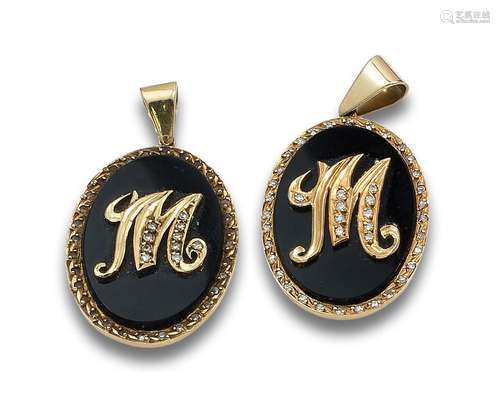 LOT OF TWO GOLD, ONYX AND DIAMONDS PENDANTS WITH LETTER &quo...