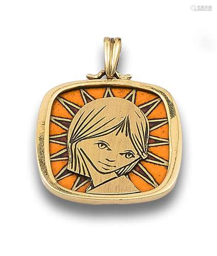 MEDAL, YEARS 70, IN YELLOW GOLD WITH VIRGIN GIRL AND ORANGE ...