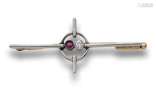 PIN IN DIAMOND, SYNTHETIC RUBY, AND TWO-TONE GOLD