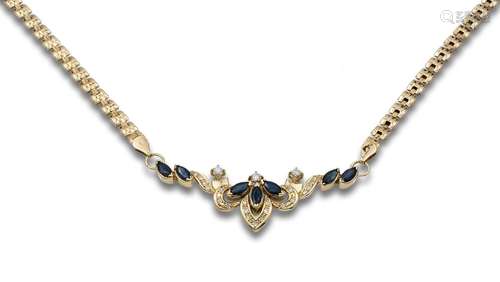 NECKLACE, 80`S, YELLOW GOLD, DIAMONDS AND SAPPHIRES