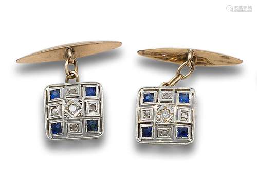 ANTIQUE STYLE GOLD, PLATINUM, DIAMONDS AND SAPPHIRES CUFFLIN...