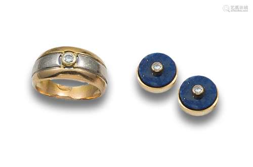 LOT OF EARRINGS AND RING OF DIAMONDS, GOLD AND LAPISLAZULI