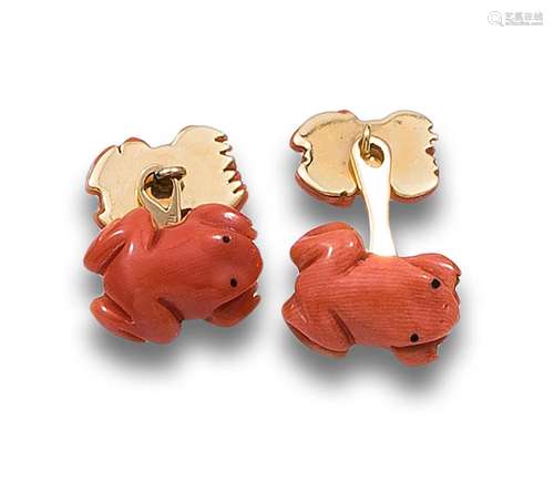 CORAL AND GOLD DOUBLE FROGS CUFFLINKS