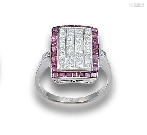 RING, ART DECO STYLE, DIAMONDS, RUBIES AND PLATINUM