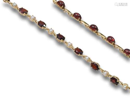 TWO GOLD BRACELETS, GARNETS AND PEARLS