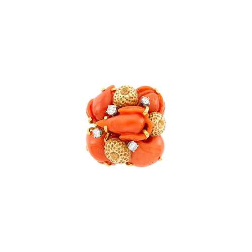 Seaman Schepps Gold, Carved Coral and Diamond Ring