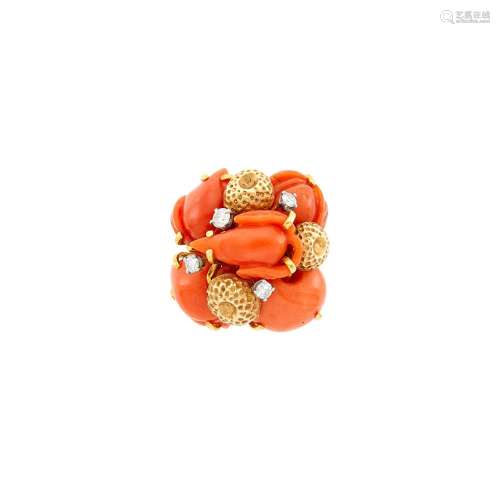 Seaman Schepps Gold, Carved Coral and Diamond Ring