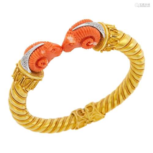 Two-Color Gold, Carved Coral and Diamond Ram`s Head Bangle B...