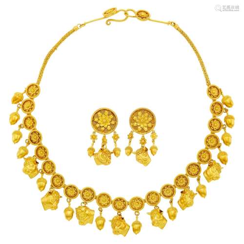 Ilias Lalaounis Gold Bull and Acorn Fringe Necklace and Pair...