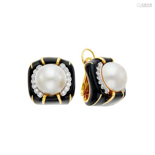 Pair of Gold, Mabé Pearl, Black Enamel and Diamond Earclips
