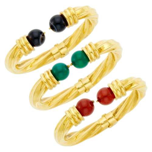 Three Fluted Gold, Banded Black and Green Onyx and Carnelian...