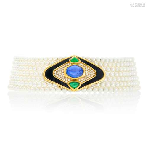 Marina B Seven Strand Cultured Pearl, Gold, Cabochon Sapphir...