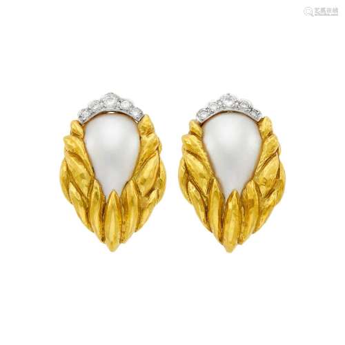 Pair of Two-Color Gold, Mabé Pearl and Diamond Earclips