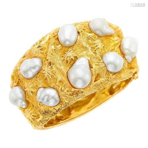 Gold and Baroque Cultured Pearl Cuff Bangle Bracelet